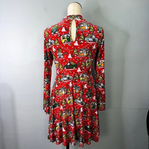 Born Famous Red Truck Camper Print High Neck Christmas Holiday Dress Women's M - Picture 3 of 12